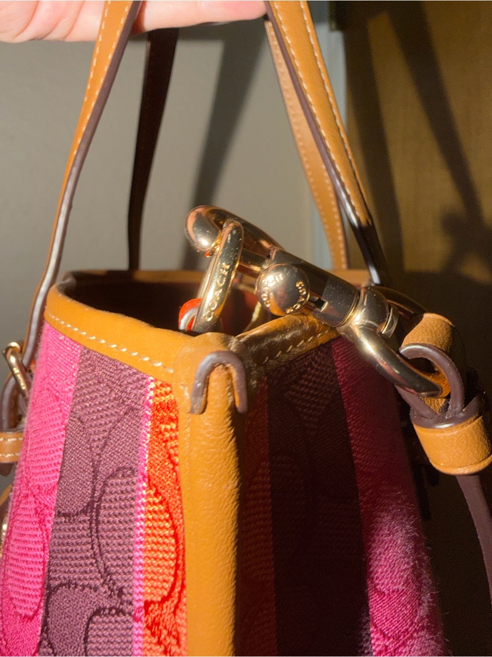 Coach Mollie 25 Pink and Orange Stripe Satchel with Tan Trim - Picture 13 of 16